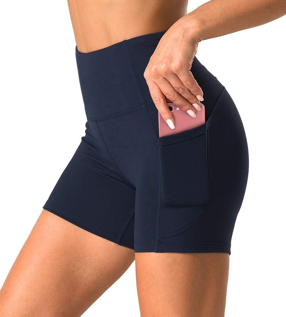 High Waist Yoga Shorts for Women with 2 Side Pockets Tummy Control Running Home Workout Shorts